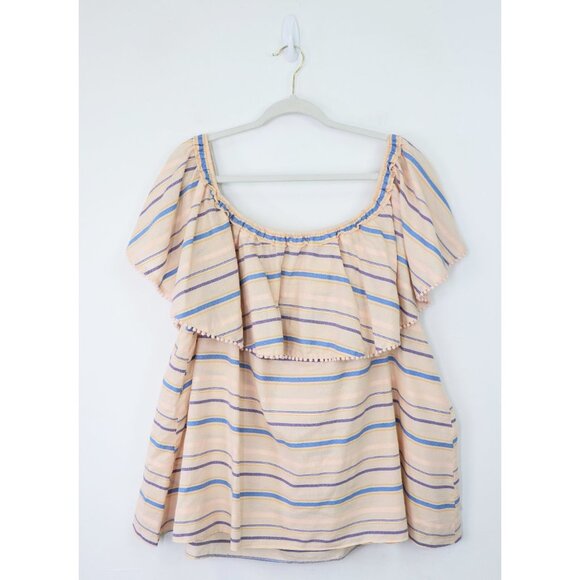 Lane Bryant Off The Shoulder Pom Top Stripe Flounce Overlay Blouse Beige 26 / 28 - Picture 6 of 7